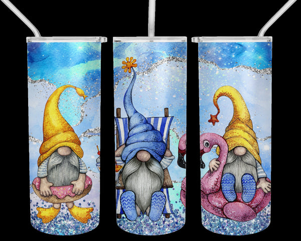 Glittery summer traditional garden gnomes in beachwear slim/skinny 20 oz stainless steel tumbler with clear lid and stainless steel straw.