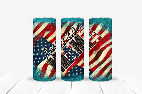 slim/skinny 20 oz stainless steel tumbler American flag Mama tumbler with leopard print and blue glitter accents