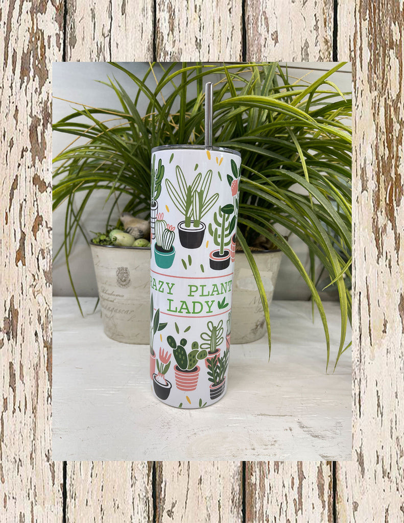 Boho cactus "Crazy Plant Lady" slim/skinny 20 oz stainless steel tumbler with clear lid and stainless steel straw