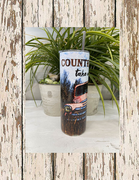 Country Roads Take Me Home Skinny Tumbler, Vintage Pickup Truck Tumbler, Personalized Tumbler, Gift For Country, 20 oz tumbler, SS Tumbler