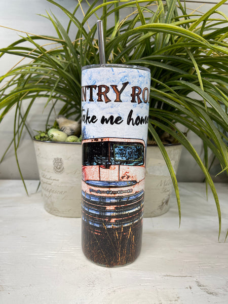 Country Roads Take Me Home Skinny Tumbler, Vintage Pickup Truck Tumbler, Personalized Tumbler, Gift For Country, 20 oz tumbler, SS Tumbler