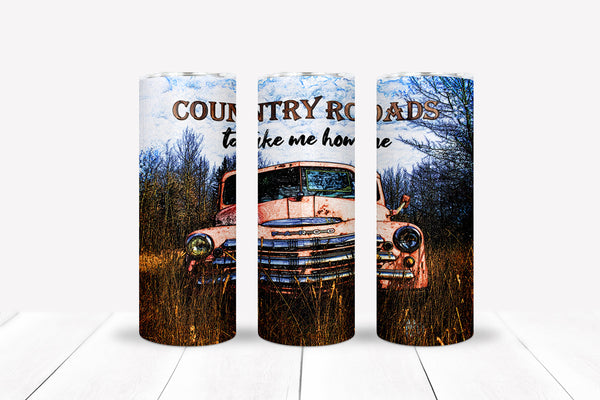 vintage pickup truck in tall grass "Country Roads Take me Home" slim/skinny 20 oz stainless steel tumbler with clear lid