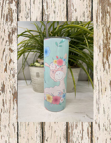 Boho light blue Llama tumbler with floral accents slim/skinny 20 oz stainless steel tumbler with clear lid and stainless steel straw.