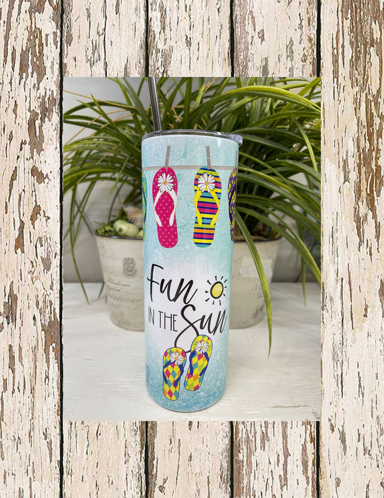 Light blue flip flop themed summer tumbler, "Fun in the Sun" slim/skinny 20 oz stainless steel tumbler with clear lid and stainless steel straw.