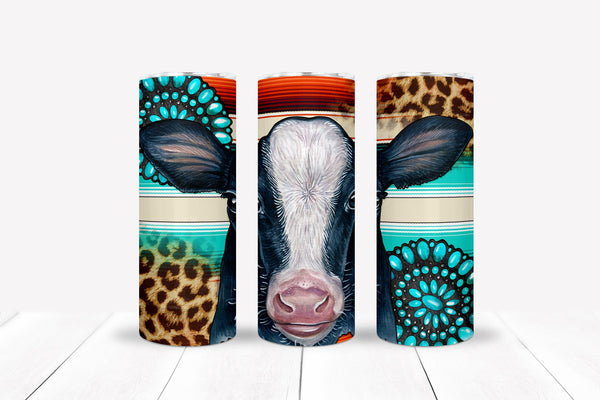 Southern styled cow face tumbler with leopard print slim/skinny 20 oz stainless steel tumbler with clear lid
