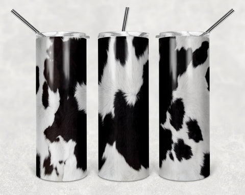 Western style black and white cow hide slim/skinny 20 oz stainless steel tumbler, stainless steel straw included.