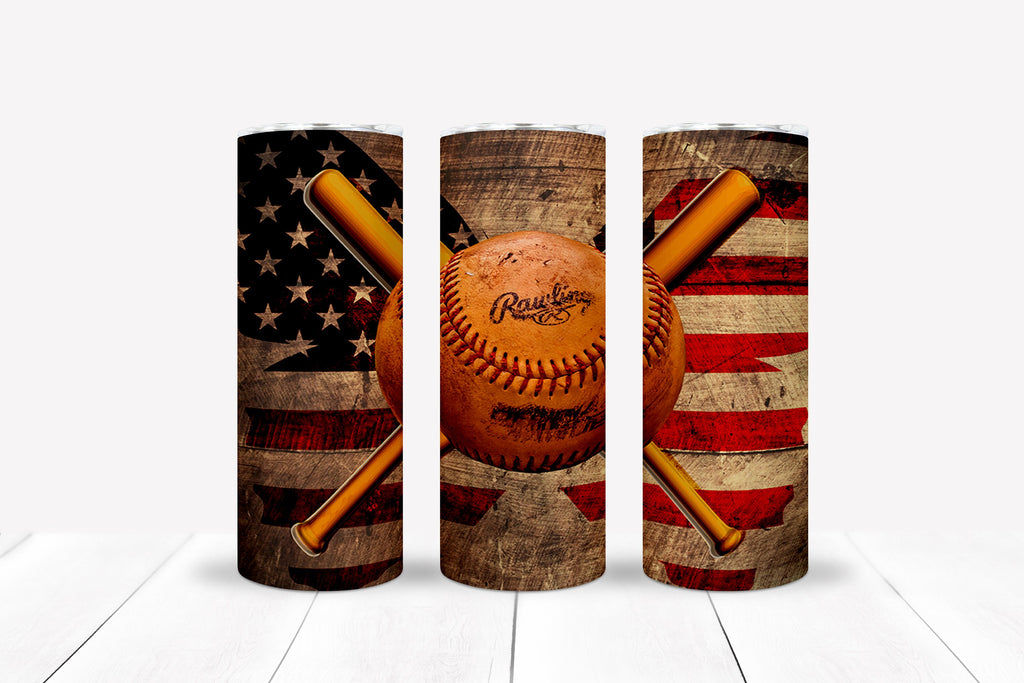 Traditional patriotic baseball tumbler with crossed bats, slim/skinny 20 oz stainless steel tumbler with clear lid.