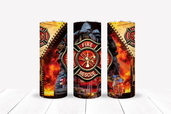 Fire and rescue firefighter emblems, slim/skinny 20 oz stainless steel tumbler with clear lid