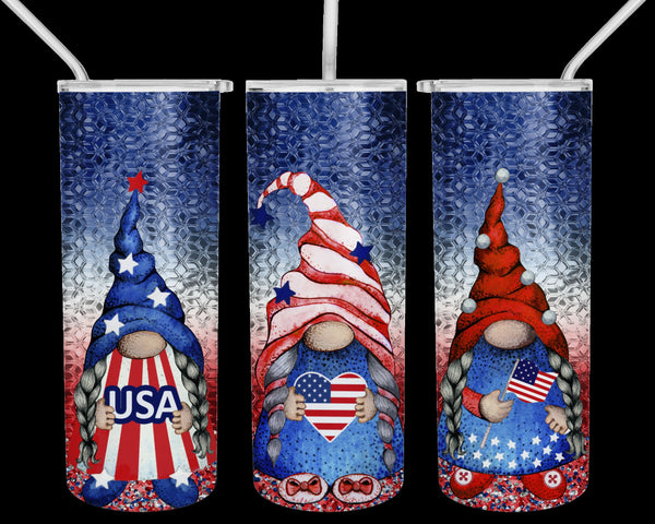This patriotic Fourth of July traditional style gnome tumbler with red, white, and blue accents, slim/skinny 20 oz stainless steel tumbler with stainless steel straw