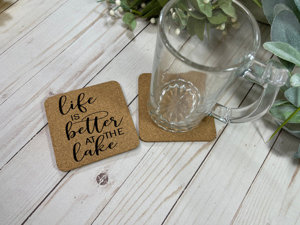 Life Is Better at the Lake, Beach, Cabin, Life Is Better on the Road, Laser Engraved Cork Coasters, Coaster Set, Hostess Gift, Fun Gift