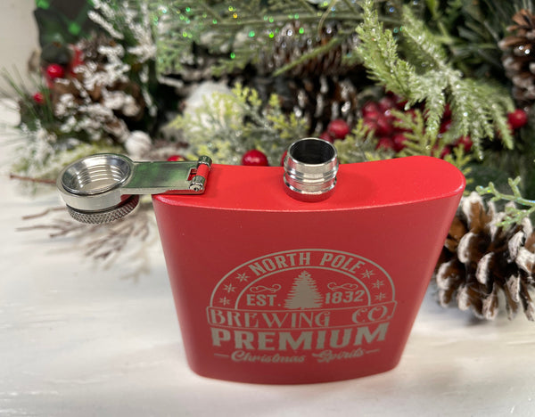 North Pole Brewing Co., Christmas Theme 6 Ounce Stainless Steel SS Hip Flask, Whisky Flask, Alcohol Flask, Christmas Gift, Gift for Him