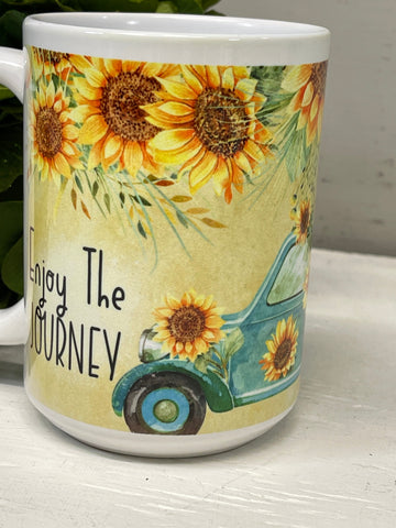 Enjoy The Journey Coffee Cup, Sunflowers & Vintage Truck on Coffee Mug, Gift For Self, Gift For Friend, Coffee Cups 11 or 15 Oz Ceramic Mug