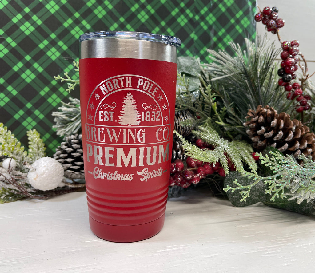 North Pole Brewing Co., Christmas Theme 20 Ounce Stainless Steel SS Double Wall Tumbler w/Clear Lid, Coffee Cup, Drink Tumbler, Travel Mug