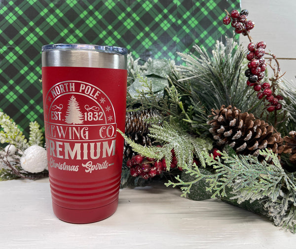 North Pole Brewing Co., Christmas Theme 20 Ounce Stainless Steel SS Double Wall Tumbler w/Clear Lid, Coffee Cup, Drink Tumbler, Travel Mug