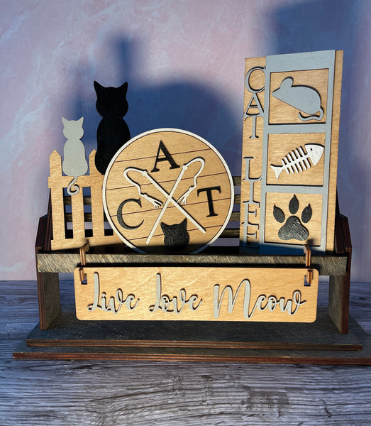 Live Love Meow Cat Interchangeable Shelf Sitter, Wood Wagon, Raised Shelf, Wood Crate, Mantel Decor, Shelf Sitter, Cat Lover, Home Decor