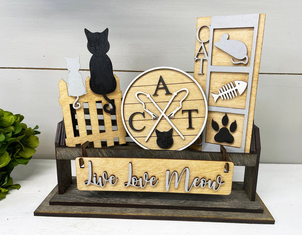 Live Love Meow Cat Interchangeable Shelf Sitter, Wood Wagon, Raised Shelf, Wood Crate, Mantel Decor, Shelf Sitter, Cat Lover, Home Decor