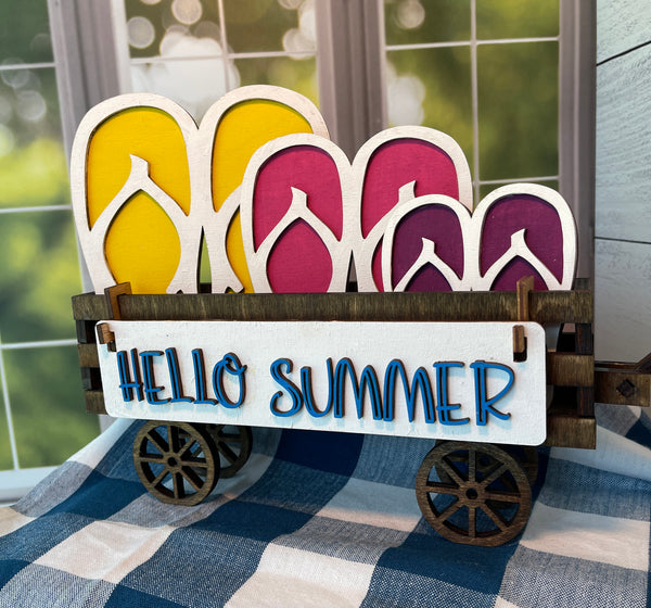 Hello Summer, Flip Flops, Summertime, Wood Wagon, Interchangeable Shelf Sitter, Mantel Decor, Wood Home Decor, Interchangeable Wagon, Beach