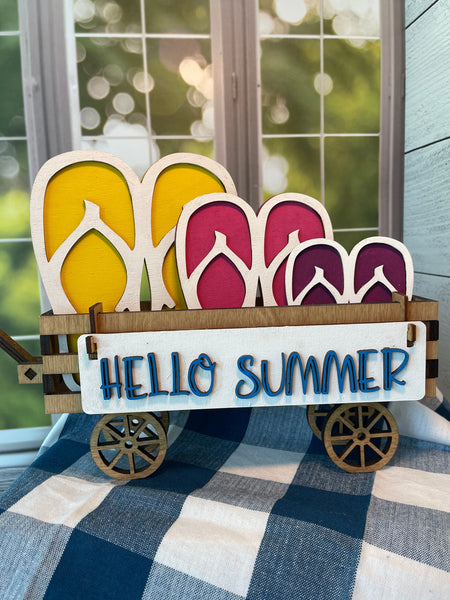 Hello Summer, Flip Flops, Summertime, Wood Wagon, Interchangeable Shelf Sitter, Mantel Decor, Wood Home Decor, Interchangeable Wagon, Beach