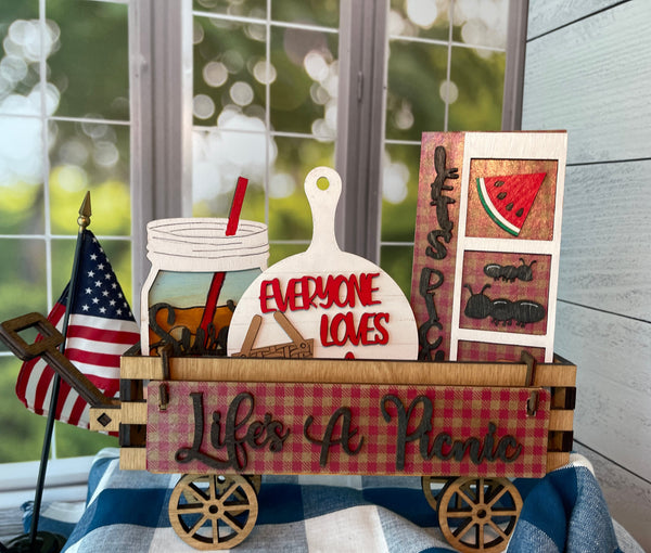 Life's A Picnic Wood Wagon Interchangeable Shelf Sitter, Mantel Decor, Wood Home Decor, Farmhouse Decor, Interchangeable Wagon, Summer Decor