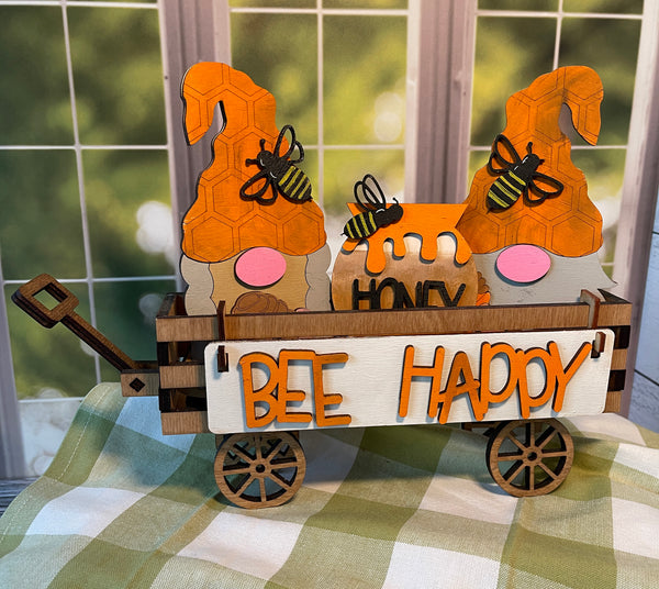 Bee Happy Gnome Interchangeable Shelf Sitter, Wood Wagon, Raised Shelf, Wood Crate, Mantel Decor, Shelf Sitter, Seasonal