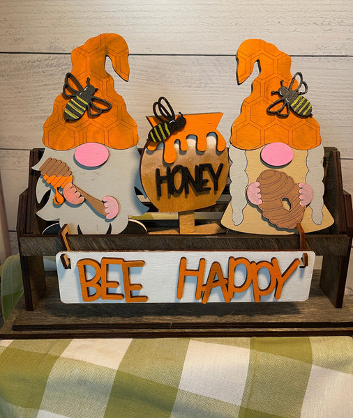Bee Happy Gnome Interchangeable Shelf Sitter, Wood Wagon, Raised Shelf, Wood Crate, Mantel Decor, Shelf Sitter, Seasonal