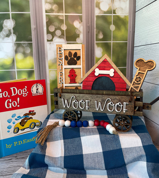 Woof Woof Dog Lover Interchangeable Shelf Sitter, Wood Wagon, Raised Shelf, Wood Crate, Mantel Decor, Shelf Sitter, Gift For Dog Lover