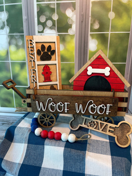 Woof Woof Dog Lover Interchangeable Shelf Sitter, Wood Wagon, Raised Shelf, Wood Crate, Mantel Decor, Shelf Sitter, Gift For Dog Lover