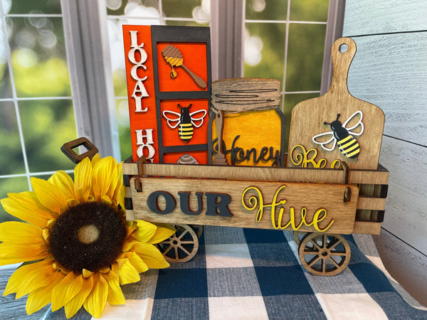 Our Hive Honey Bees, Wood Wagon, Interchangeable Shelf Sitter, Mantel Decor, Wood Home Decor, Farmhouse Decor, Interchangeable Wagon