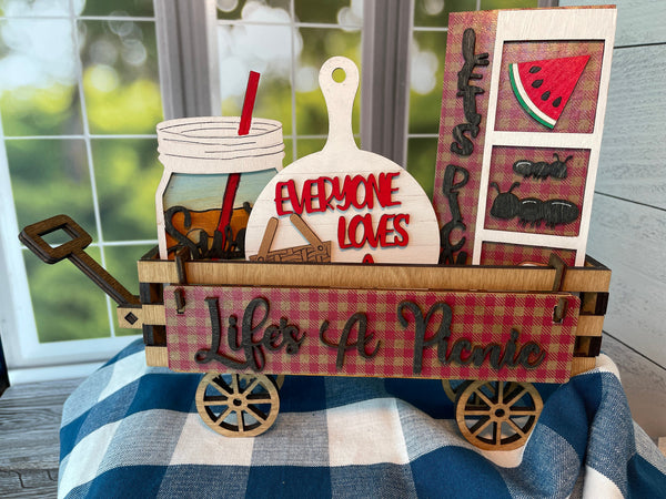 Life's A Picnic Wood Wagon Interchangeable Shelf Sitter, Mantel Decor, Wood Home Decor, Farmhouse Decor, Interchangeable Wagon, Summer Decor