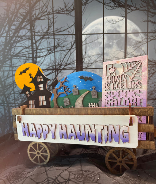 Happy Haunting, Halloween Decor, Wood Wagon, Raised Shelf, Wood Crate, Mantel Decor, Shelf Sitter, Home Decor, Wagon Insert