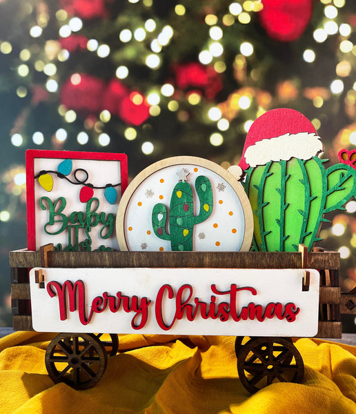 Merry Christmas, Cactus Christmas, Baby It’s Hot Outside, Interchangeable Shelf Sitter, Wood Wagon, Mantel Decor, Shelf Sitter, Home Decor