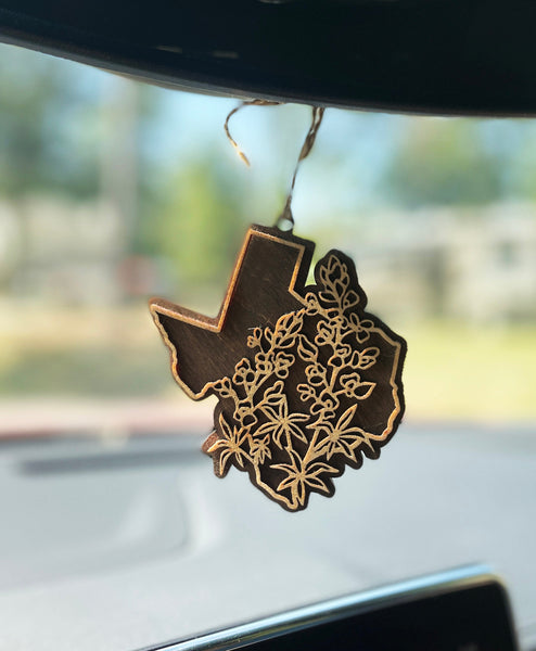 Texas & Bluebonnets Ornament, Texas Car Charm, Texas Souvenir, Texas Gift, Texas Ornament, Texas Bluebonnets, Gift for Texan, Made In Texas