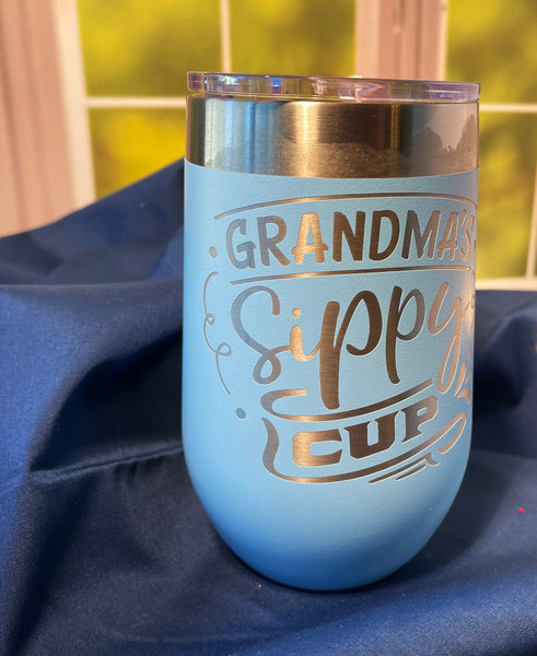 Grandma's Sippy Cup, Funny Engraved Wine Tumbler, Humorous Drinkware, Insulated Stemless Drinkware, Gift For Grandma, Grandma's Tumbler