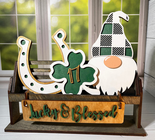 Lucky & Blessed Saint Patrick's Day Interchangeable Shelf Sitter, Wood Wagon, Raised Shelf, Spring, Mantel Decor, Shelf Sitter, Gnome Decor