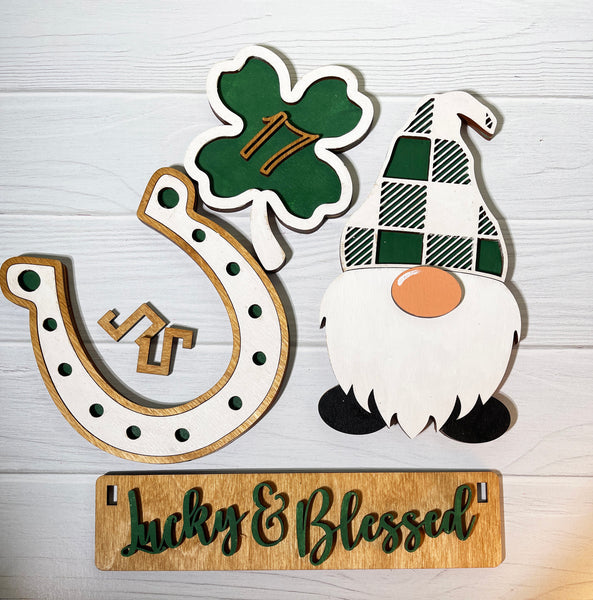Lucky & Blessed Saint Patrick's Day Interchangeable Shelf Sitter, Wood Wagon, Raised Shelf, Spring, Mantel Decor, Shelf Sitter, Gnome Decor