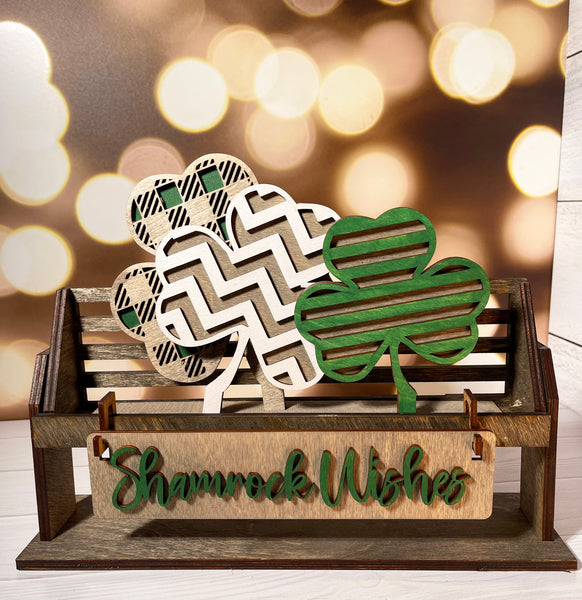 Shamrock Wishes, Saint Patrick's Day Interchangeable Shelf Sitter, Wood Wagon, Raised Shelf, Spring, Mantel Decor, Shelf Sitter, Gnome Decor