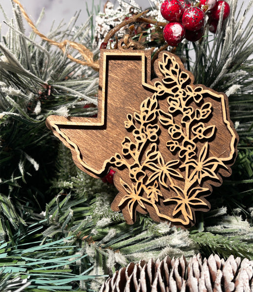 Texas & Bluebonnets Ornament, Texas Car Charm, Texas Souvenir, Texas Gift, Texas Ornament, Texas Bluebonnets, Gift for Texan, Made In Texas
