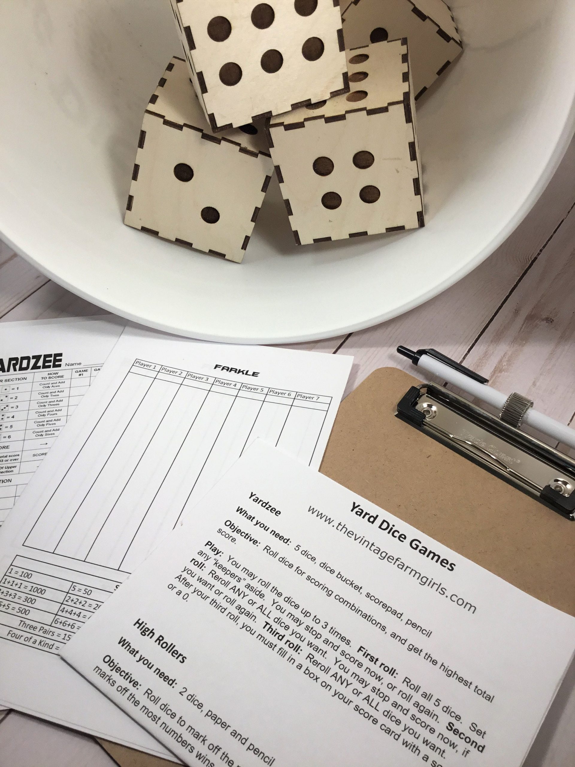 Big Dice Game - SIX 3" X 3" Birch Dice - Yardzee, Farkle, Yahtzee. Family group activity, reunion, campground. Indoor or outdoors