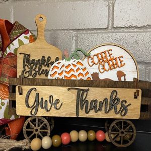 Give Thanks - Thanksgiving Interchangeable Wagon Shelf Sitter, Wood Wagon, Shelf Sitter, Mantel Decor, Seasonal Decor, Wood Home Decor