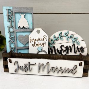 Just Married Shelf Sitter, Bridal Gift, Wedding Gift, Wood Wagon, Raised Shelf, Wood Crate, Mantel Decor, Shelf Sitter, Home Decor