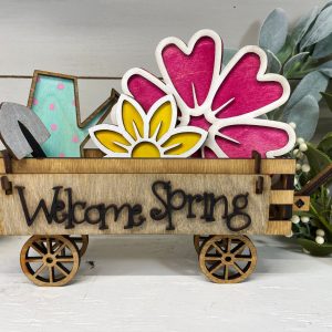 Welcome Spring Interchangeable Shelf Sitter, Spring Flowers, Wood Wagon, Raised Shelf, Wood Crate, Mantel Decor, Shelf Sitter, Home Decor
