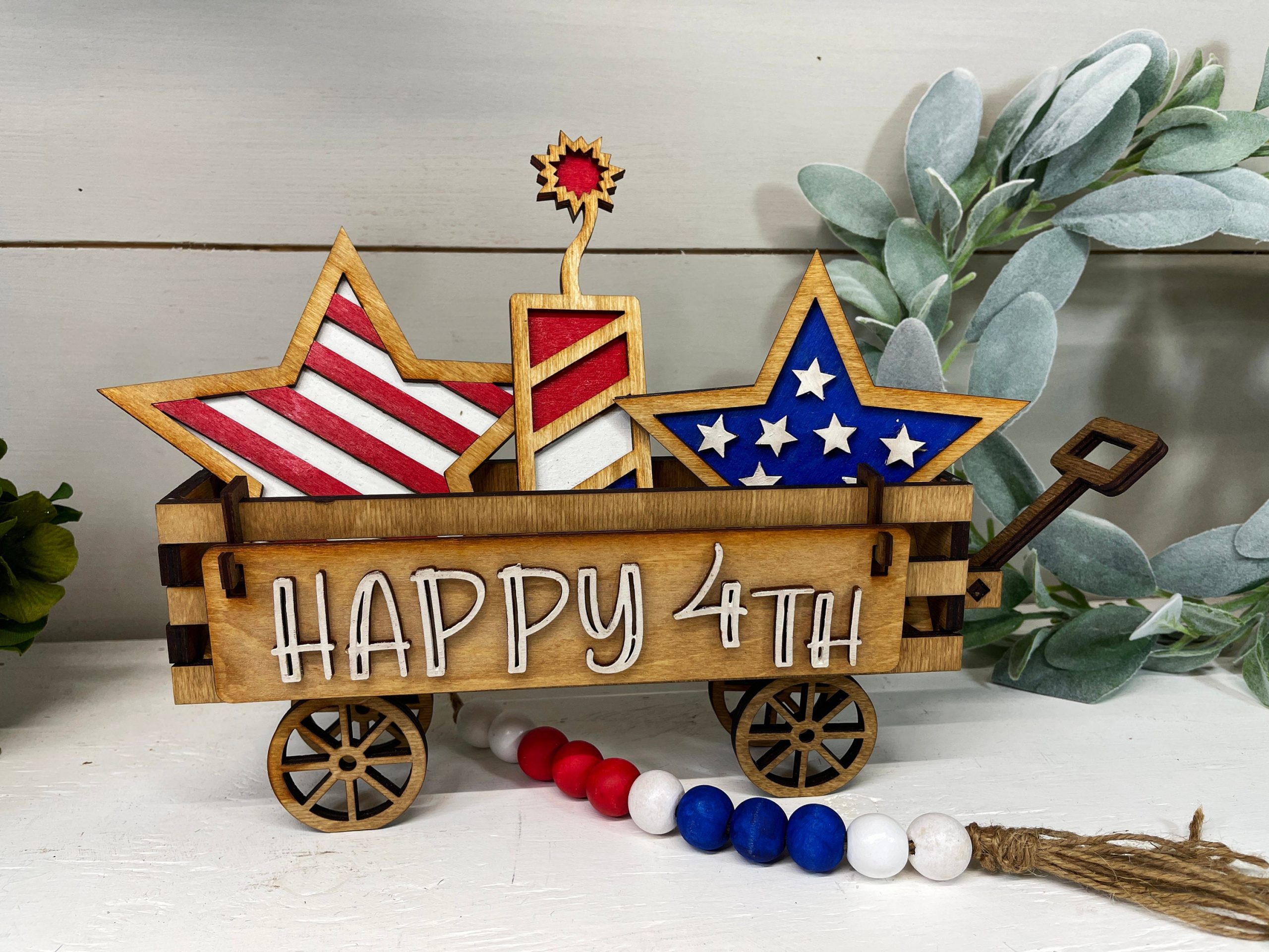 4th of July Decor Interchangeable Shelf Sitter, America, USA, July 4th, Wood Wagon, Raised Shelf, Wood Crate, Mantel Decor, Shelf Sitter
