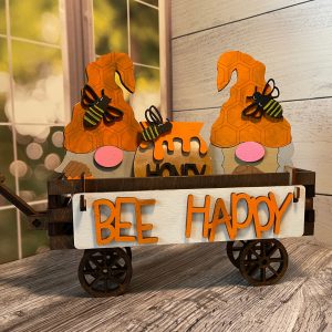 Bee Happy Gnome Interchangeable Shelf Sitter, Wood Wagon, Raised Shelf, Wood Crate, Mantel Decor, Shelf Sitter, Seasonal