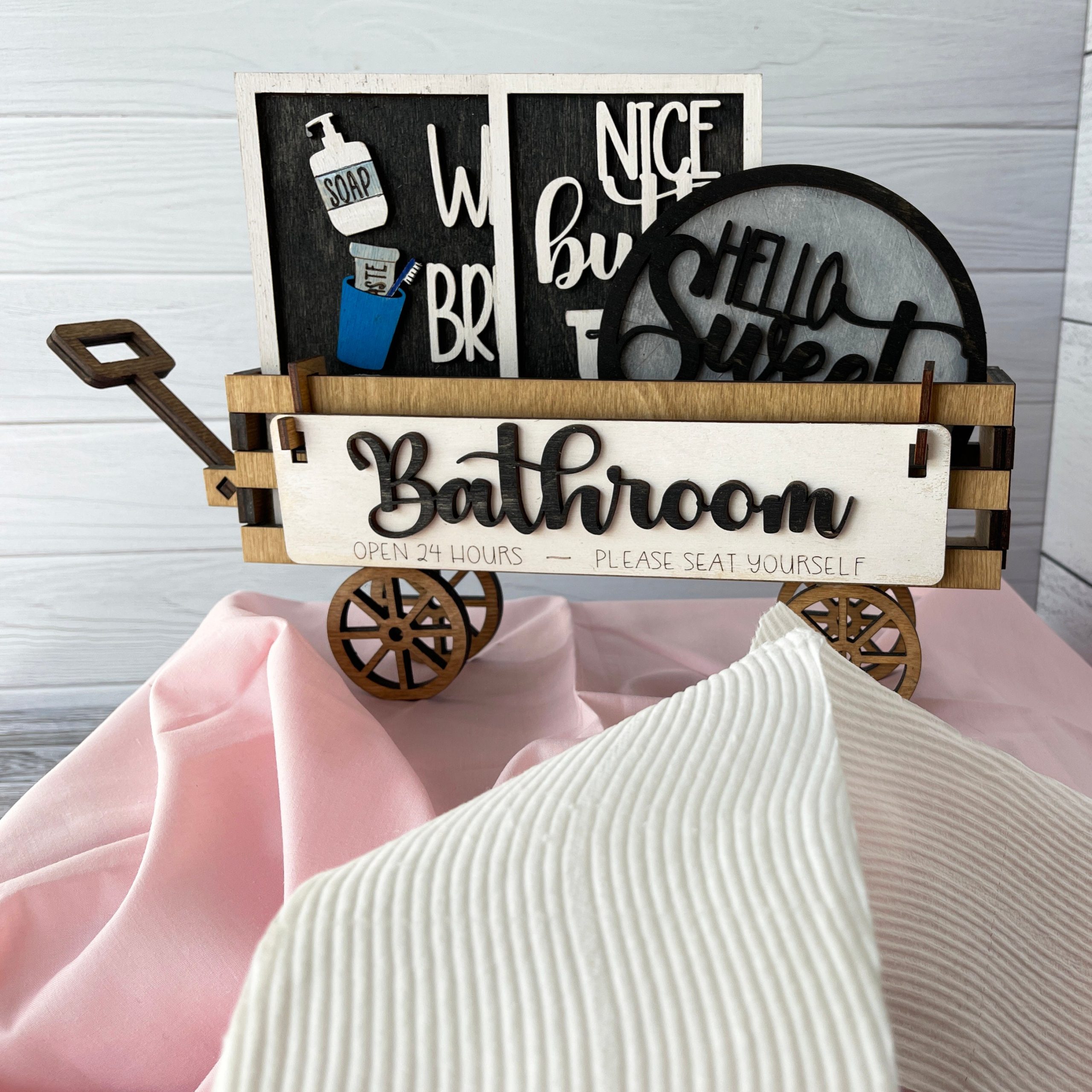 Bathroom, Wood Wagon, Interchangeable Shelf Sitter, Mantel Decor, Wood Home Decor, Farmhouse Decor, Interchangeable Wagon, Bathroom Decor