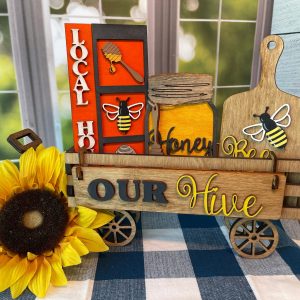 Our Hive Honey Bees, Wood Wagon, Interchangeable Shelf Sitter, Mantel Decor, Wood Home Decor, Farmhouse Decor, Interchangeable Wagon