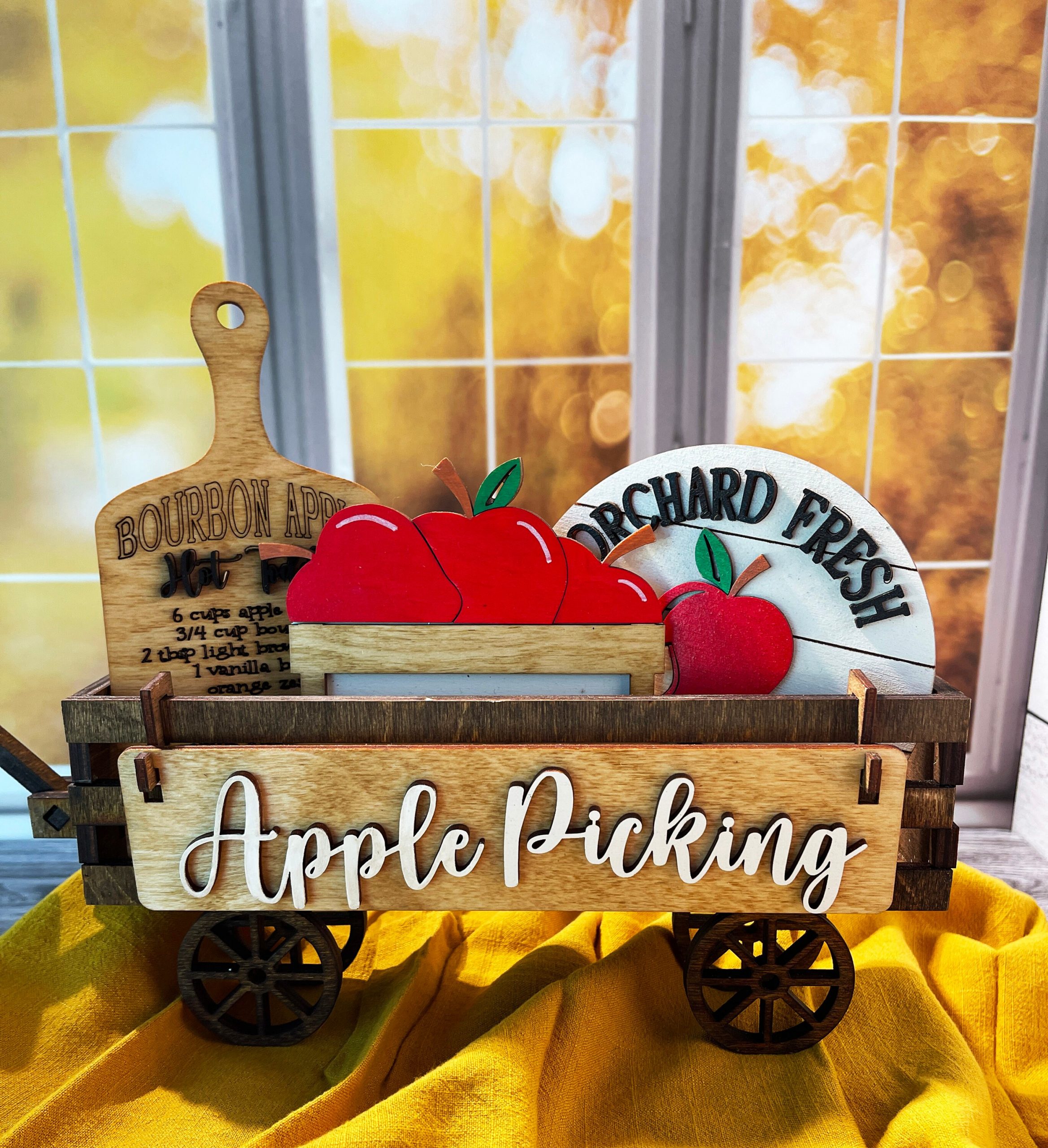 Apple Picking Shelf Sitter, Wood Wagon, Raised Shelf, Wood Crate, Mantel Decor, Tiered Tray Inserts, Apple Decor, Home Decor