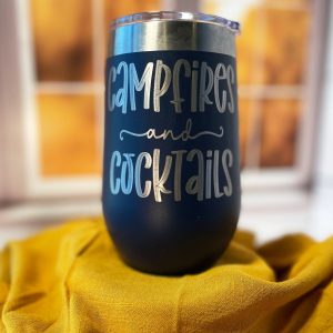 Campfires & Cocktails, Funny Camping Engraved Wine Tumbler, Humorous Drinkware, Insulated Stemless Drinkware, Gift For Men and Women
