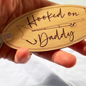 Hooked On Daddy Fishing Wood Key Chain, Personalized Laser Cut & Engraved, Gift For Dad, Gift From Kids, Gift For Fisherman, Gift For Angler