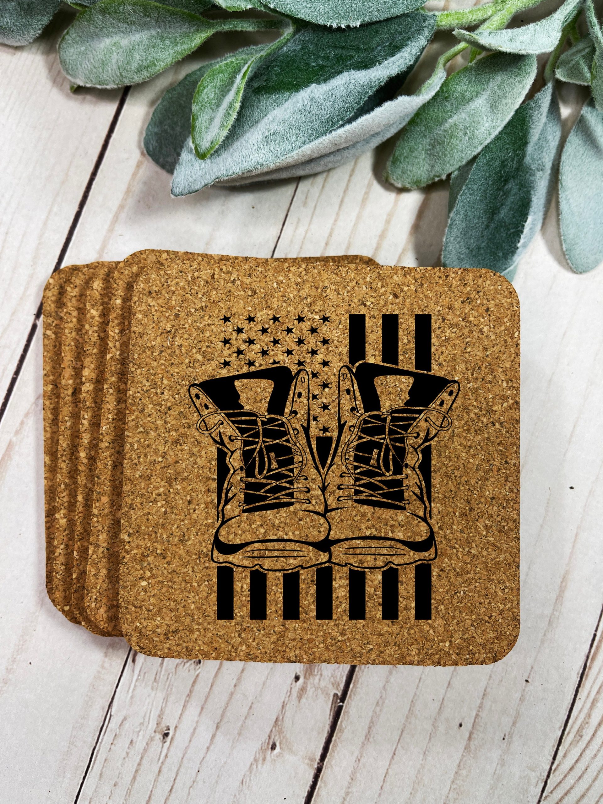 Military Coasters, Boots & Flag Engraving, Veteran Coaster, Military Coasters, Engraved Cork Coasters, Cork Coasters, Coaster Set