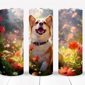 Corgi Tumbler, 20 oz Stainless Steel SS Skinny Tumbler, Gift for Corgi Lover, Gift for Corgi Owner, Gift for Dog Owner, Floral Backaground